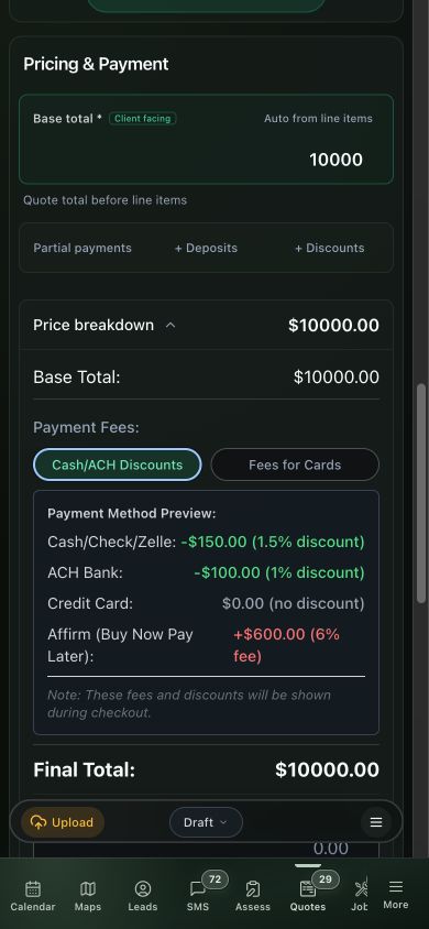 Payment-fee panel showing cash, check, Zelle, and ACH discounts