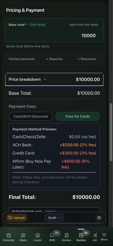 Payment-fee panel showing disclosed ACH, card, and financing fees
