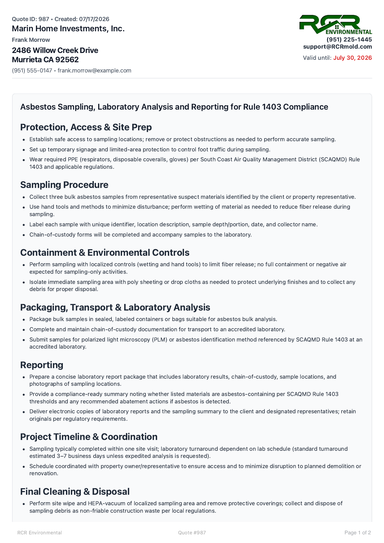 Prepared first quote page with client information and a detailed asbestos sampling, laboratory analysis, and reporting scope
