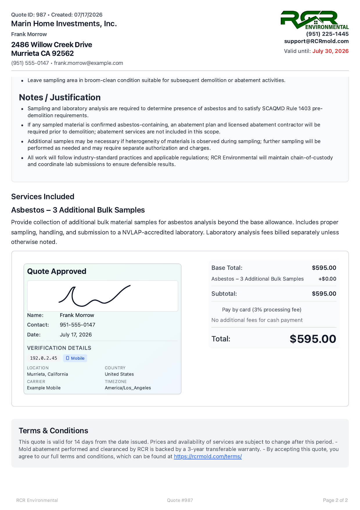 Prepared second quote page with services, selected total, signature, verification details, and terms
