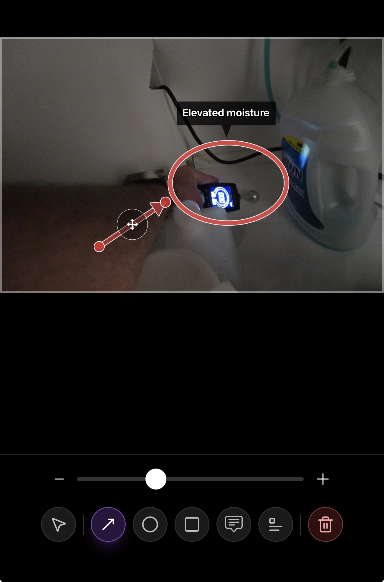 Mold Inspector app showing elevated moisture annotation during a mold inspection