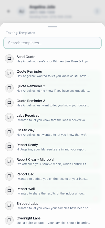 SMS templates library showing Send Quote, Quote Reminders, Labs Received, On My Way, Report Ready, and more