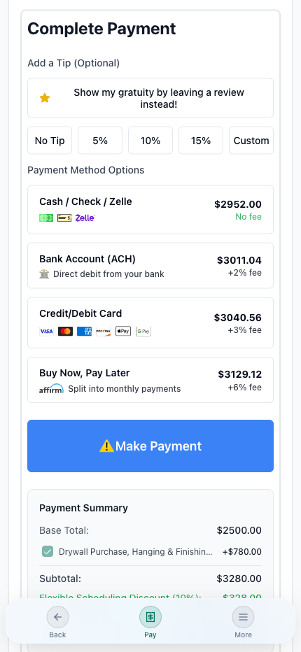 Invoice payment page showing Cash/Check/Zelle, ACH, Credit/Debit Card, and Buy Now Pay Later options with transparent fee comparison