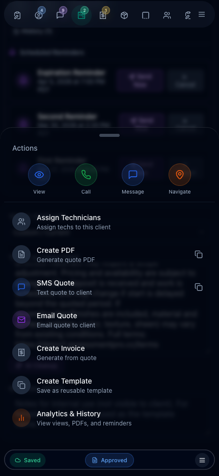 Quote actions menu showing Create Invoice, SMS Quote, Email Quote, Create PDF, and more — one tap to convert quote to invoice