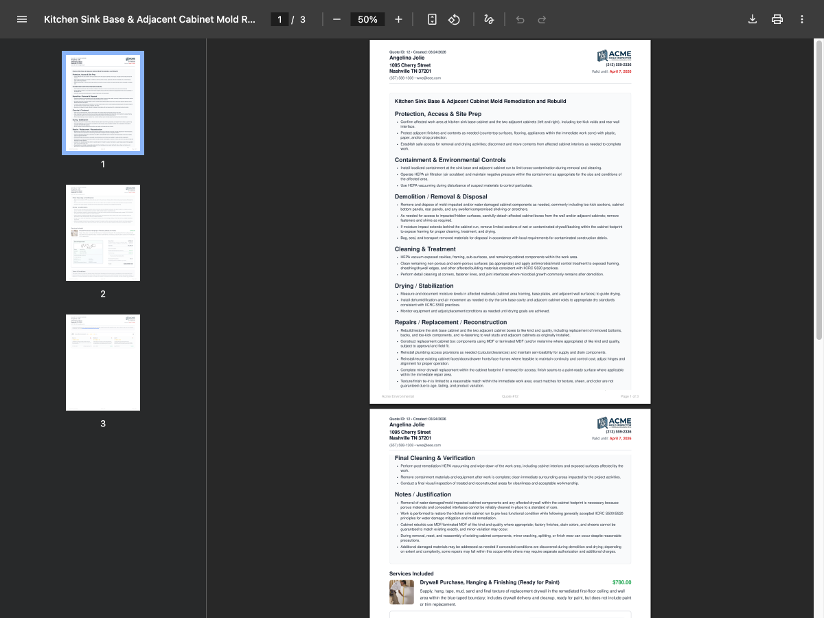 Professional 3-page quote PDF with Acme branding, detailed scope of work, pricing, and page thumbnails