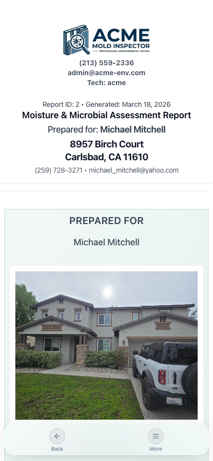 Mobile report view with Acme branding and property photo