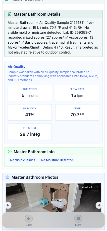 Mobile report showing lab results with spore counts and condition tags