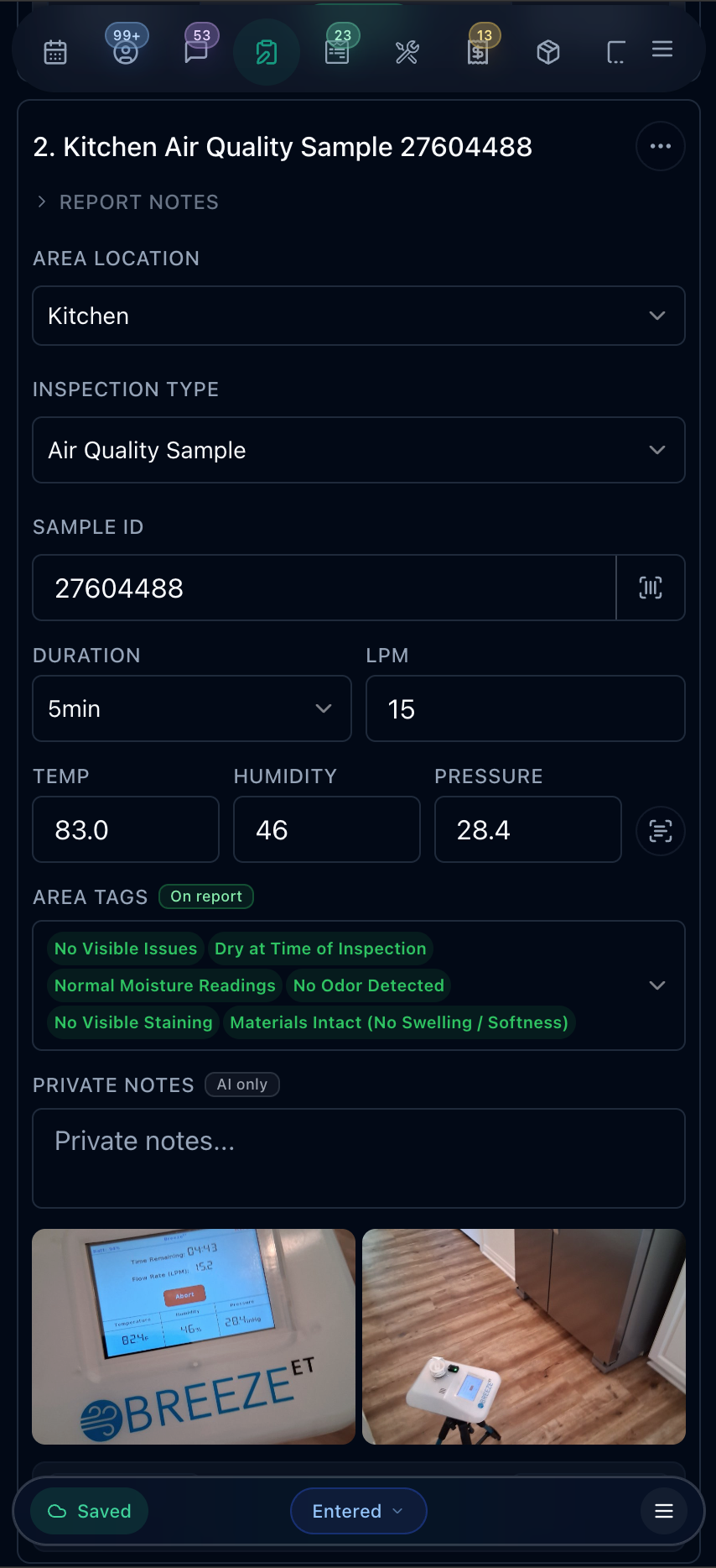 Air quality sample detail with area location, inspection type, scanned sample ID, duration, LPM, temperature, humidity, and pressure readings, tap-to-add condition tags, private notes, and attached photos