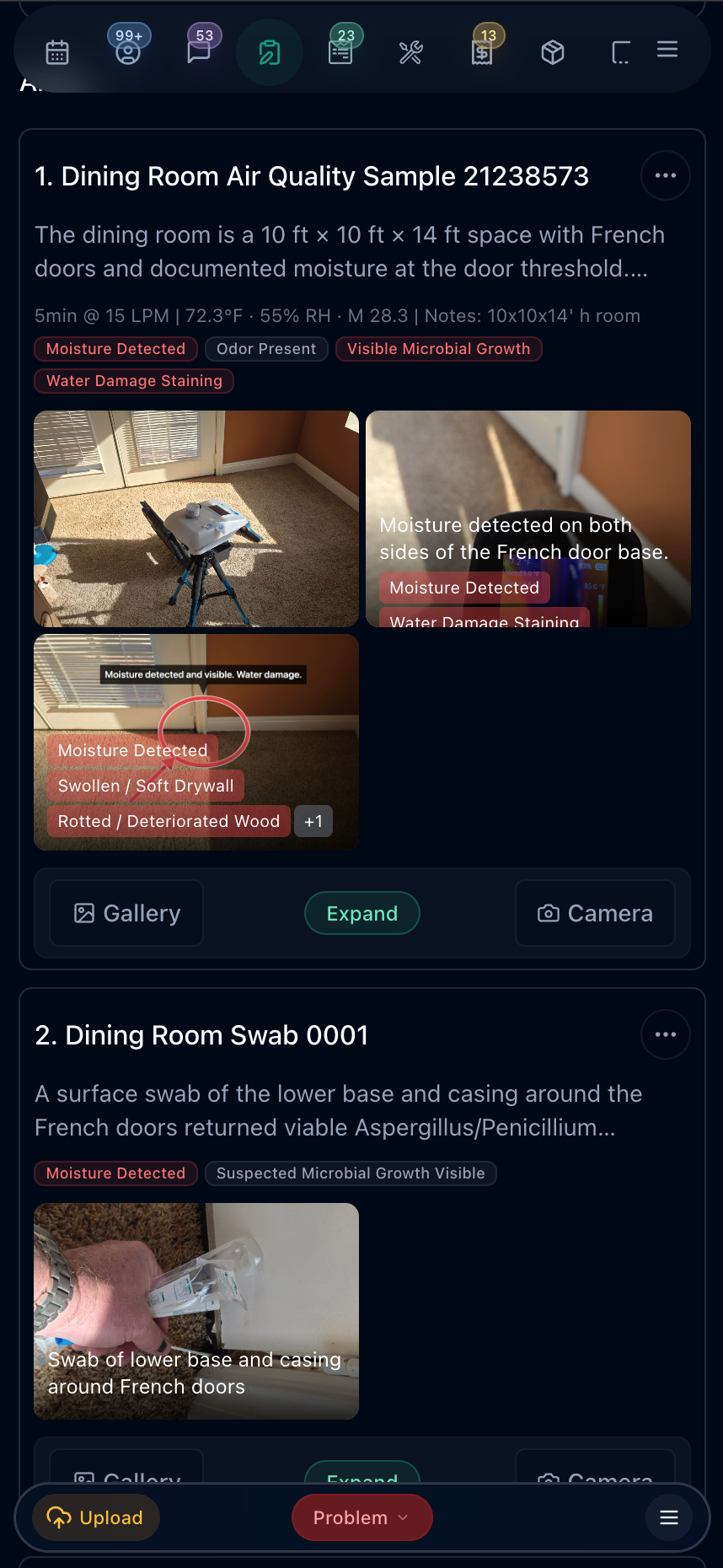 Assessment broken into areas like Dining Room Air Quality Sample and Dining Room Swab, each with descriptions, photos carrying condition tags, status, and Gallery, Expand, and Camera controls