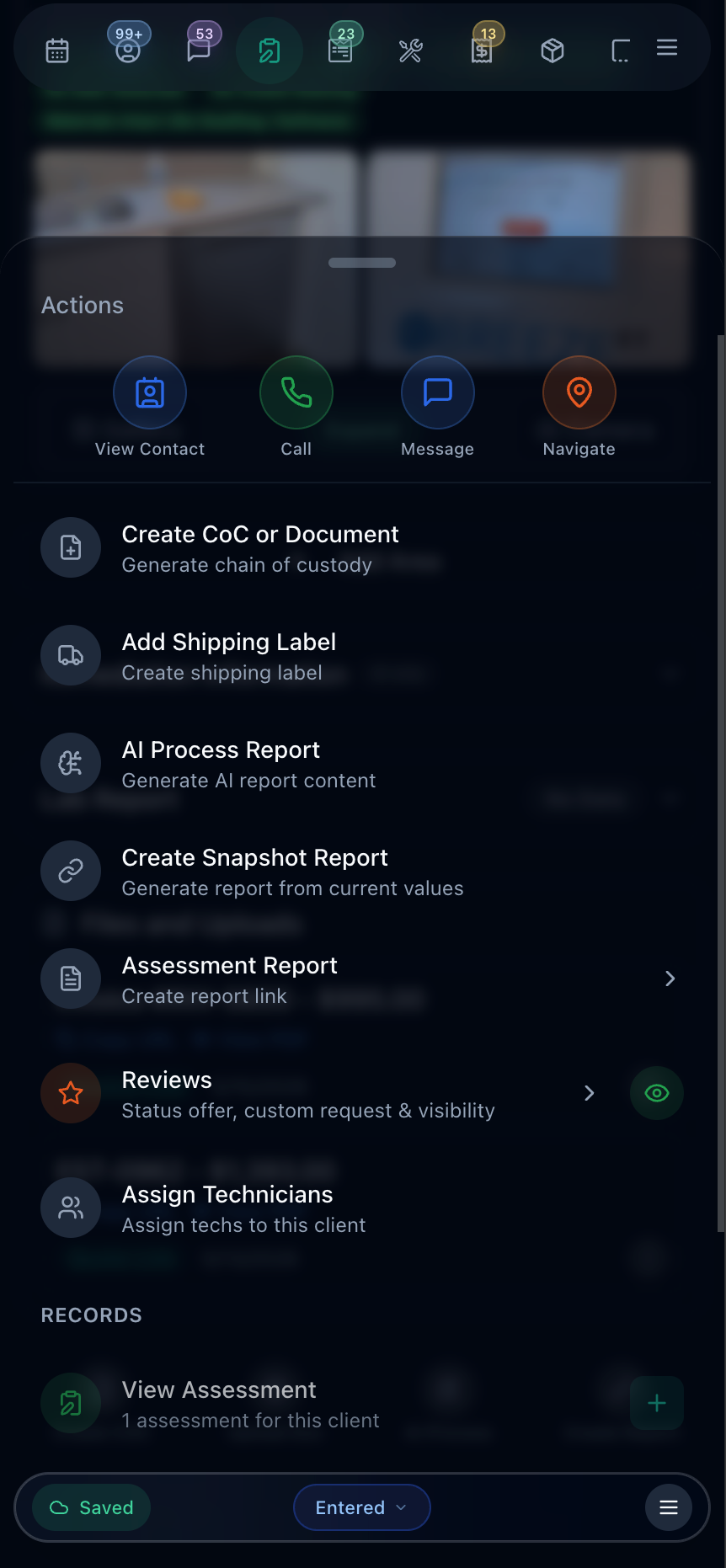 One-tap assessment actions to create a chain of custody or document, add a shipping label, AI-process a report, create a snapshot or assessment report, request reviews, and assign technicians