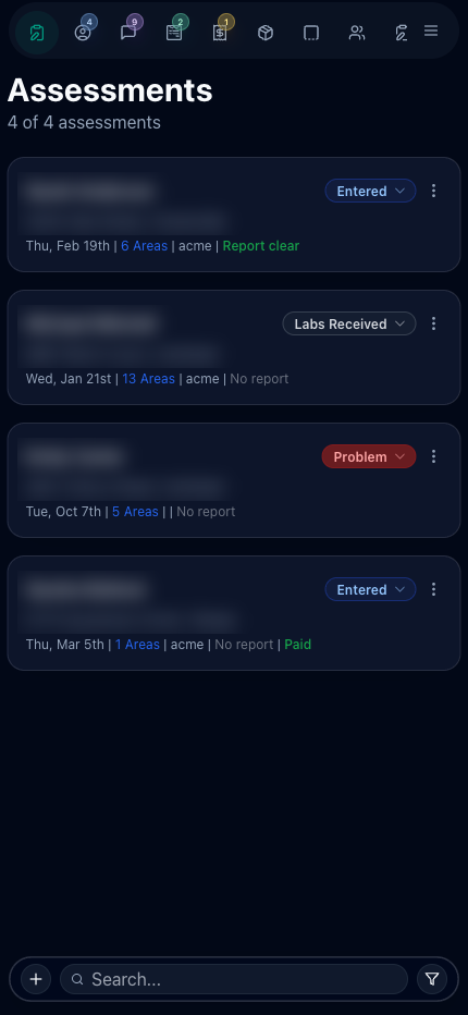 Assessments list with each job showing status badges like Entered, Labs Received, and Problem, area counts, inspection dates, and report status — client names and addresses hidden for privacy