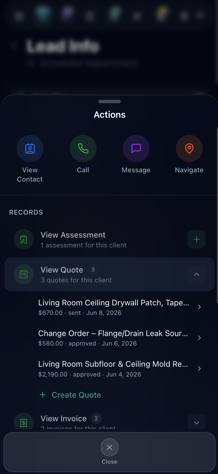 Client record with quick actions to View Contact, Call, Message, and Navigate, plus linked records showing the assessment, multiple quotes with amounts and approval status, and invoices — all in one place