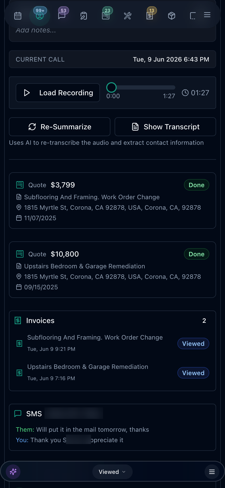 Current call screen with options to load the recording, re-summarize, and show the transcript, plus AI-linked quotes and invoices and the captured SMS conversation for the caller