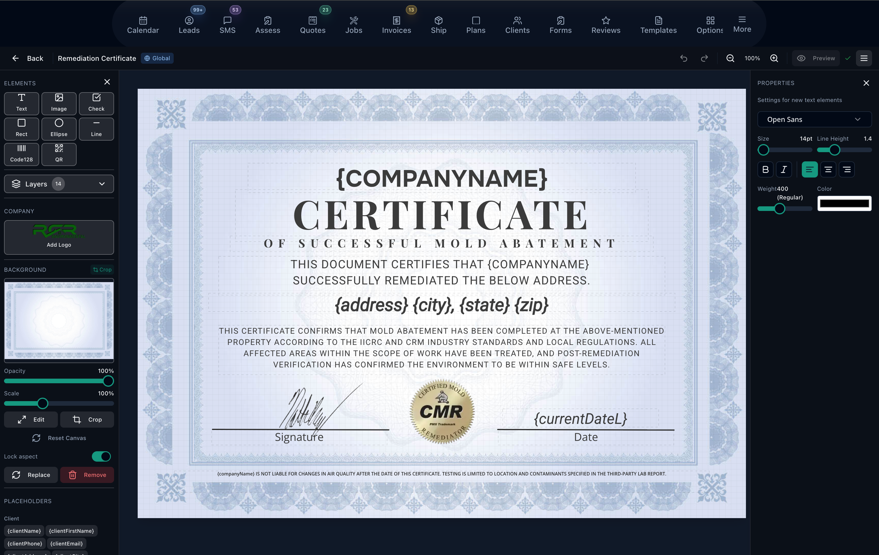 Drag-and-drop document builder editing a Certificate of Successful Mold Abatement, with an elements panel (text, image, QR, barcode, signature), a branded canvas using template placeholders like company name, address, and date, and a properties panel