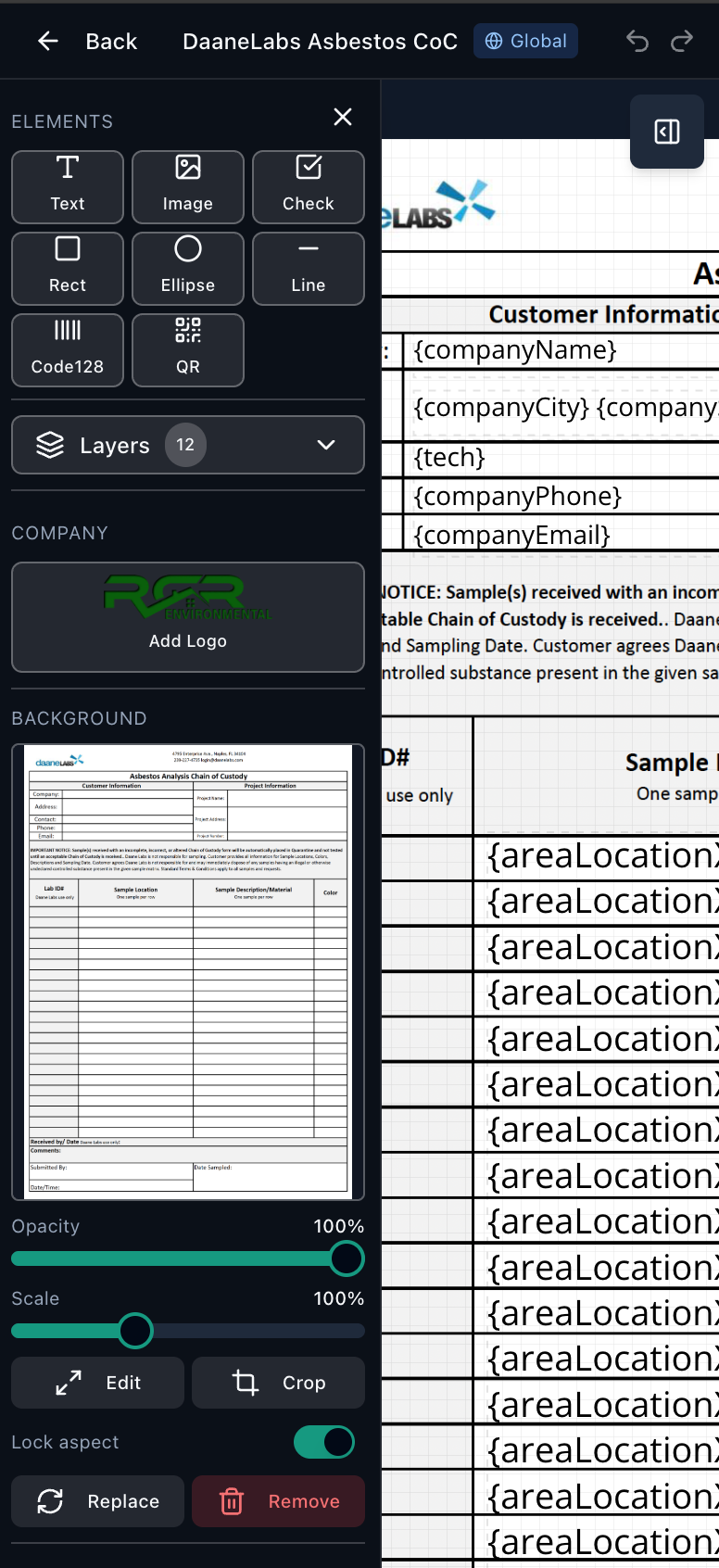 Document builder editing a custom Chain of Custody form with template placeholders for company, tech, phone, email, and sample area locations
