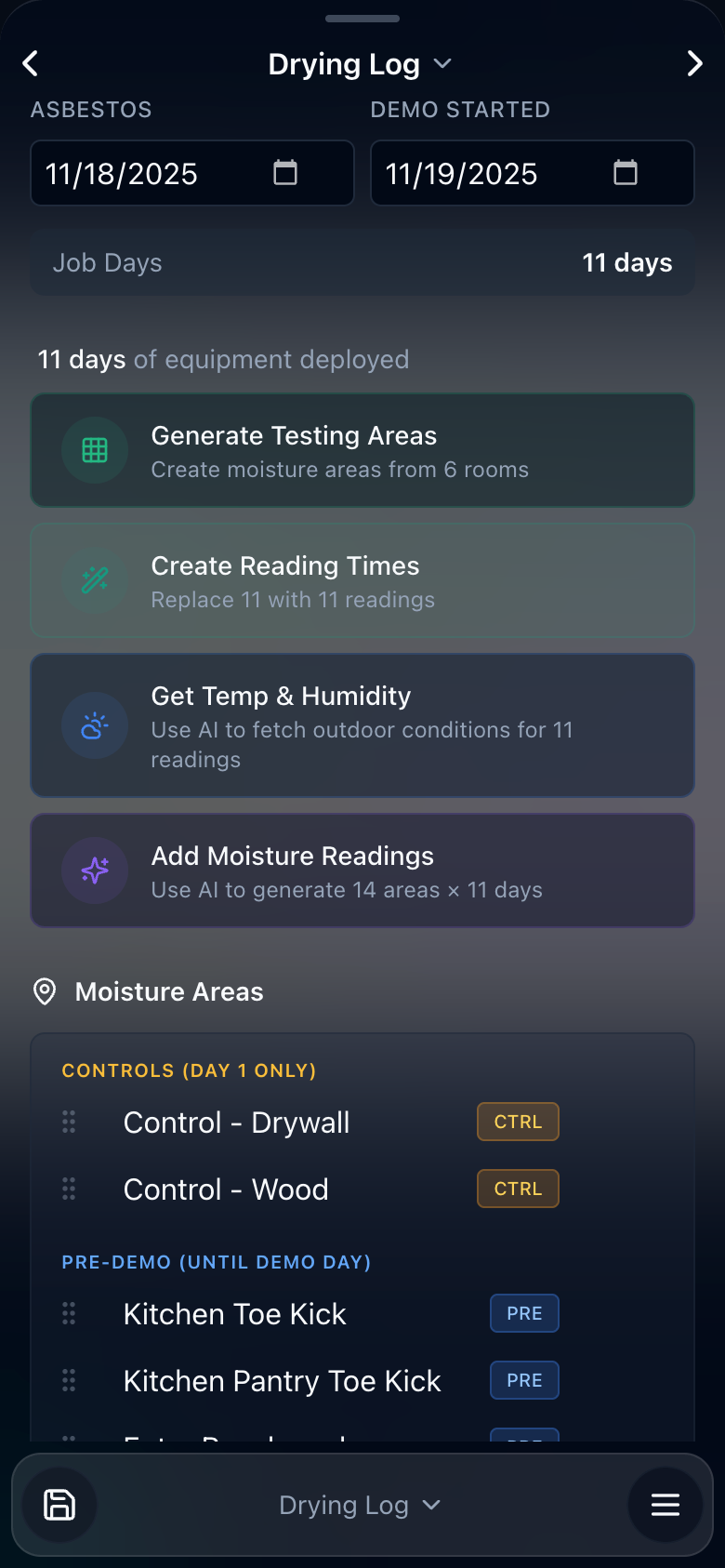 Drying log setup with demo start dates, job days, equipment deployed, options to generate testing areas and reading times, and moisture areas for controls and pre-demo locations