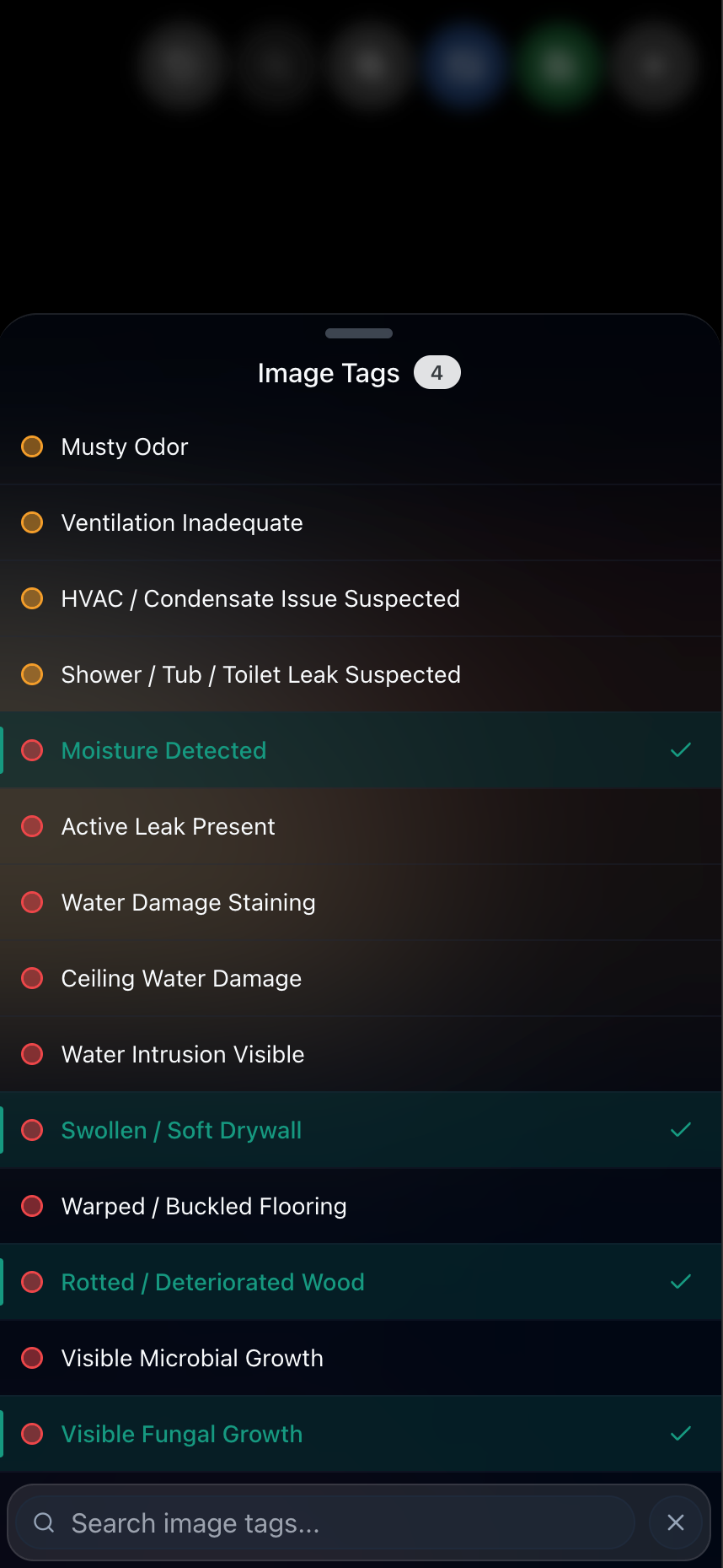 Image tag picker with one tap to add condition tags like Moisture Detected, Swollen / Soft Drywall, Rotted / Deteriorated Wood, and Visible Fungal Growth, plus a searchable tag list