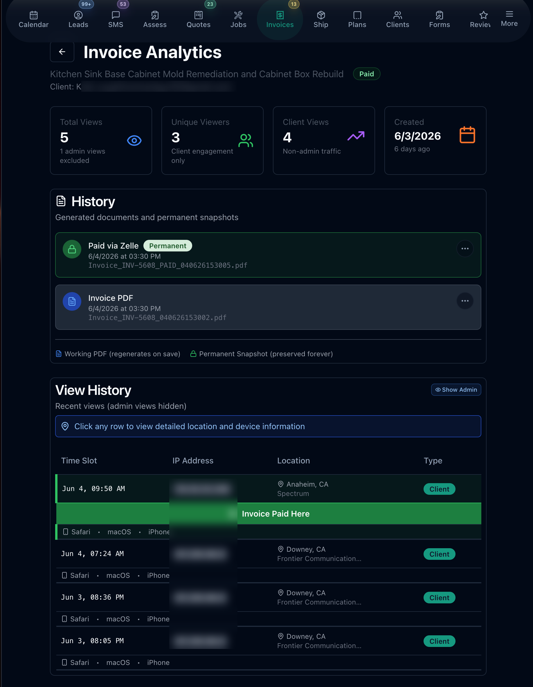 Invoice analytics with view counts and a view history, highlighting the exact moment the invoice was paid — client name, email, and IPs hidden for privacy