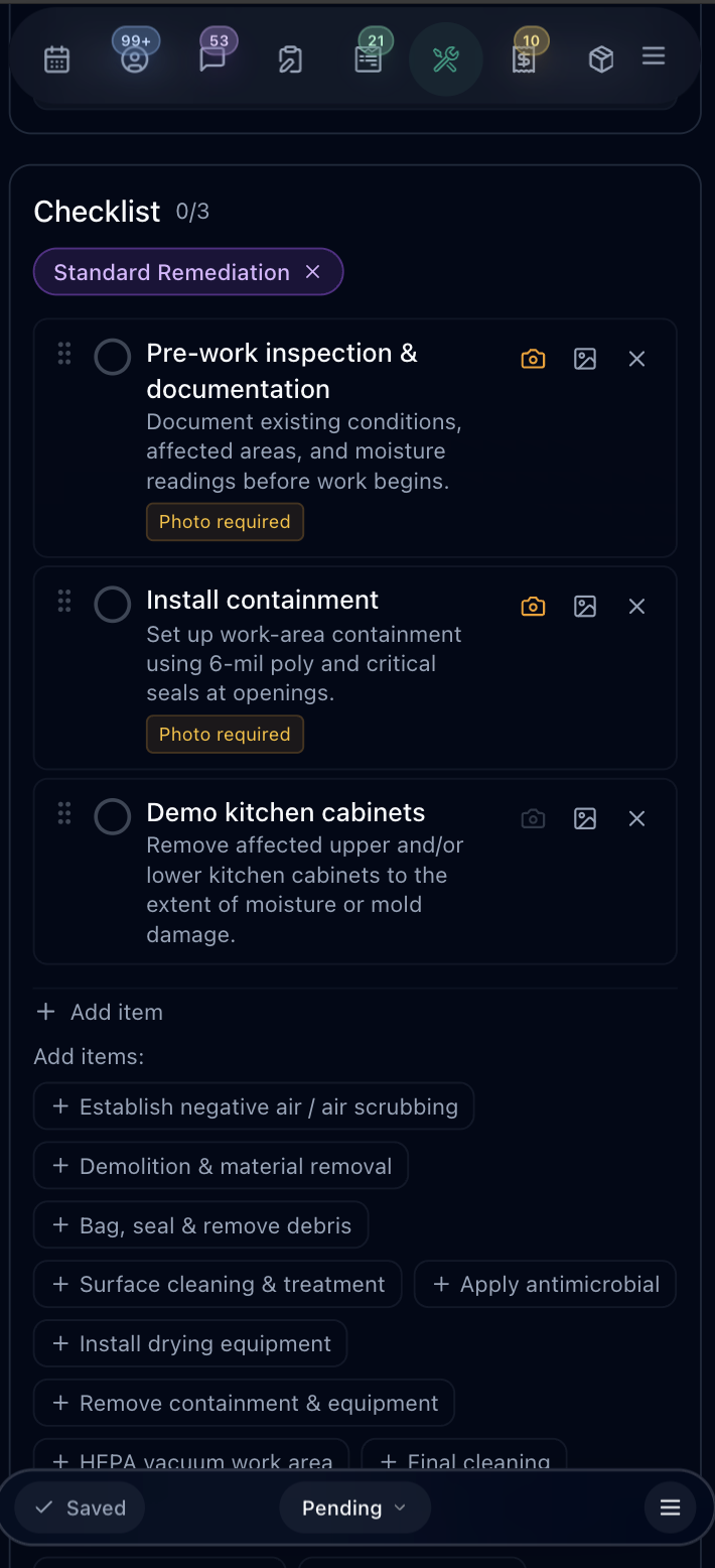 A technician's job checklist for a Standard Remediation job with steps like pre-work inspection & documentation, install containment, and demo cabinets — each with photo-required tags and quick-add items