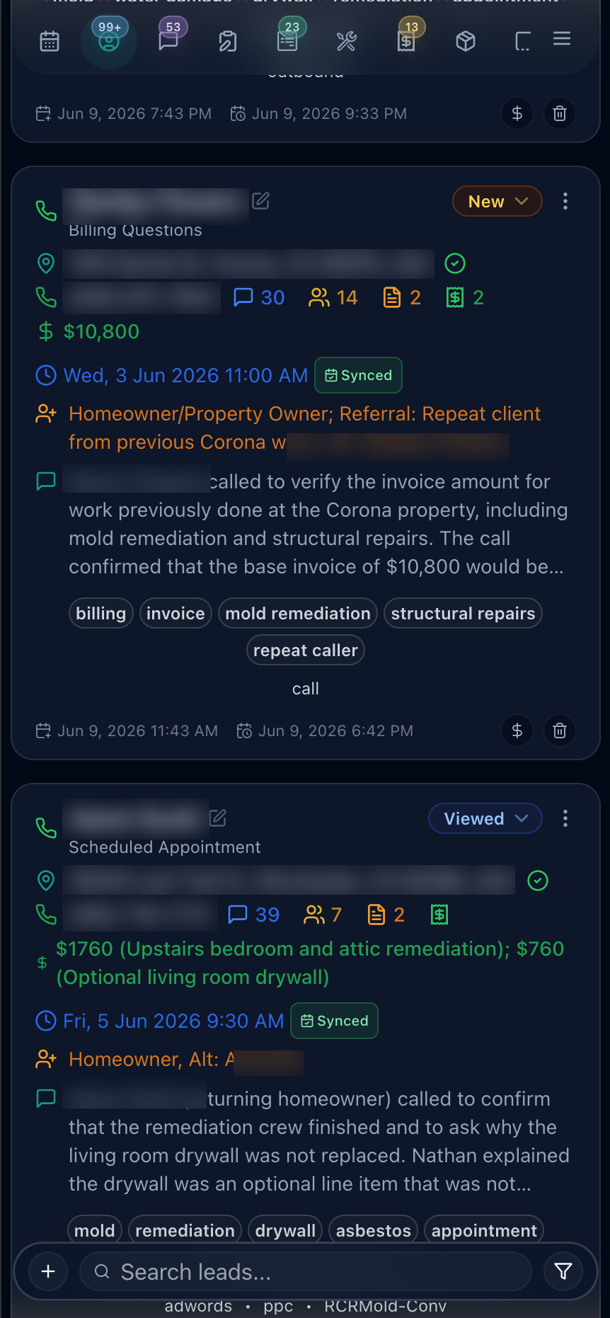 Lead management inbox showing real leads with status badges, addresses, AI call summaries, auto-applied tags like repeat caller and mold remediation, and per-lead message, contact, document, and quote counts