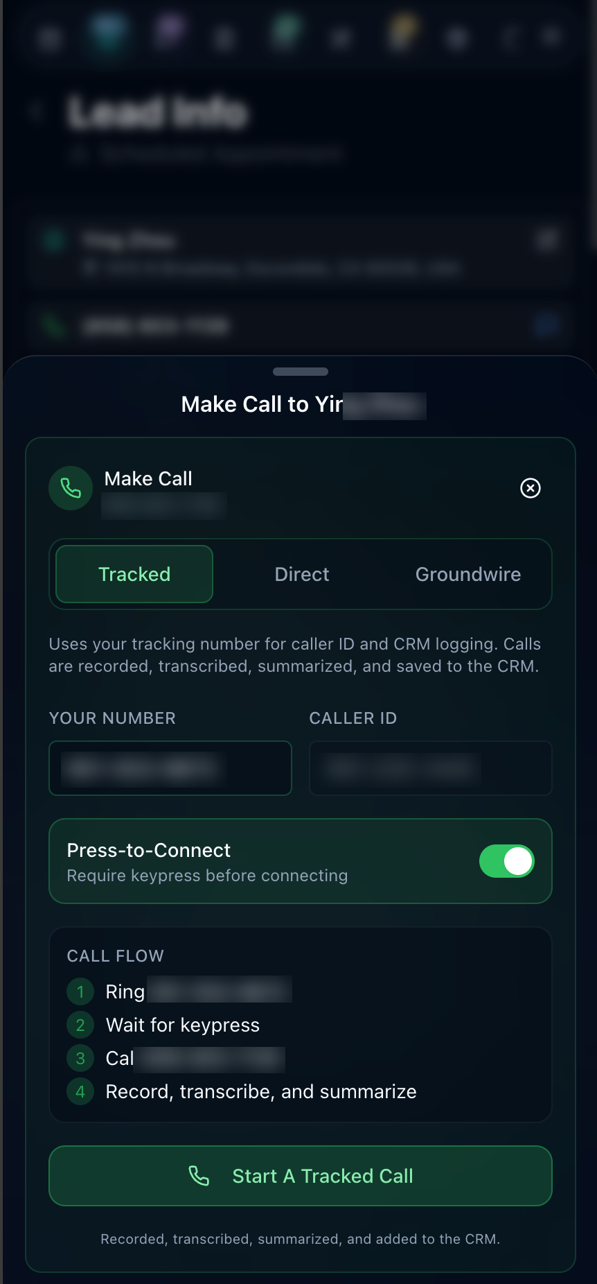 Outbound tracked-call screen showing your number for caller ID, a press-to-connect toggle, and a call flow that rings the rep, connects the client, then records, transcribes, and summarizes the call into the CRM