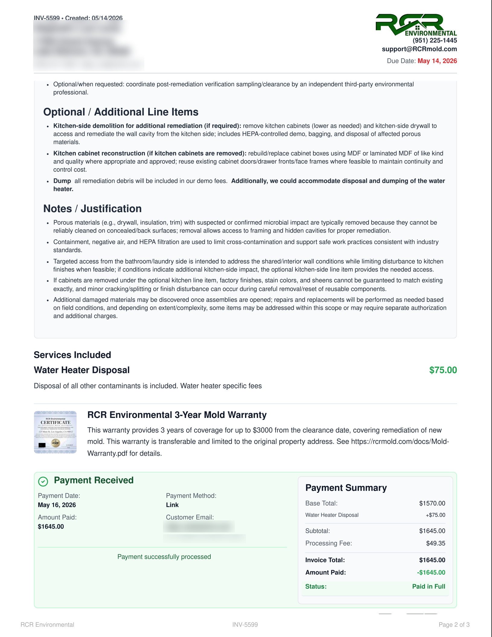 Paid invoice PDF showing optional line items, a 3-year mold warranty, services included, and a green Payment Received block with payment date, method, amount paid, and a Paid in Full status in the payment summary