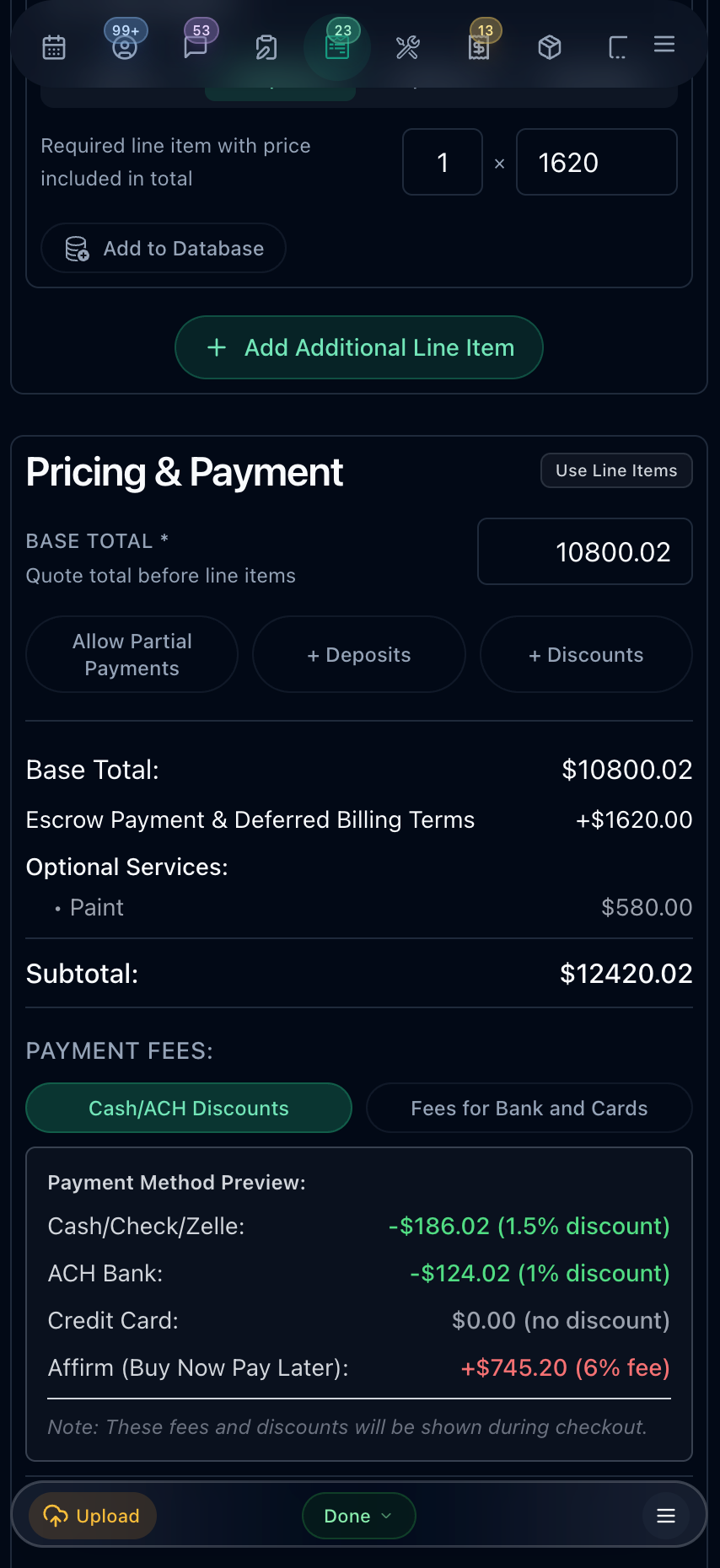 Pricing & Payment screen with the Cash/ACH Discounts mode selected, showing discounted totals for Cash, Check, or Zelle and ACH bank payments