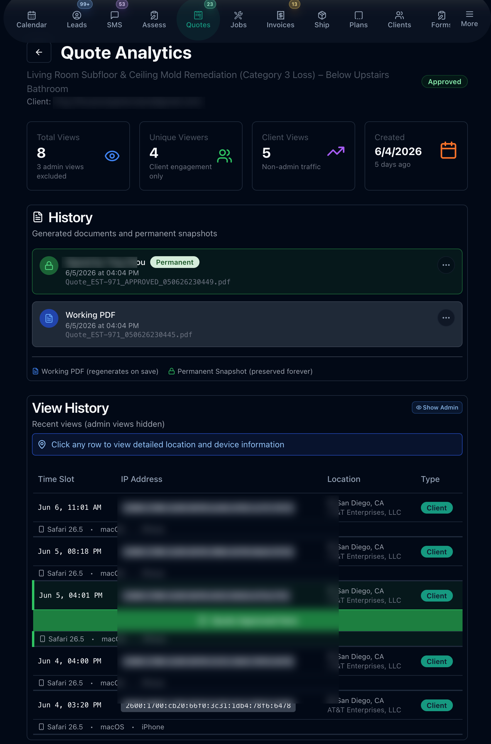 Quote analytics with total, unique, and client view counts and a view history showing each open by date, device, IP, and city — client name, email, and IPs hidden for privacy
