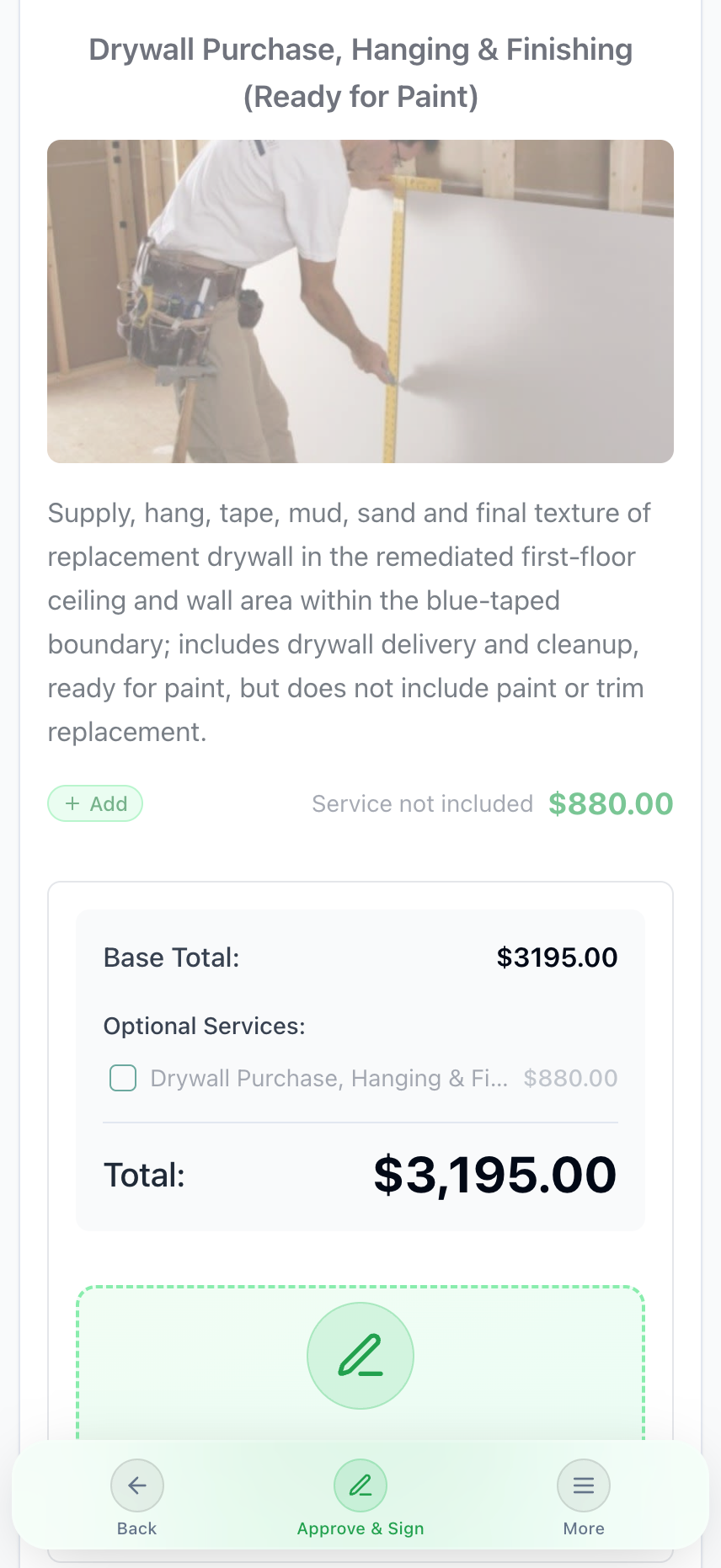 Client-facing quote with an optional add-on service (drywall purchase, hanging & finishing for $880) the client can toggle on or off, updating the base and total price in real time