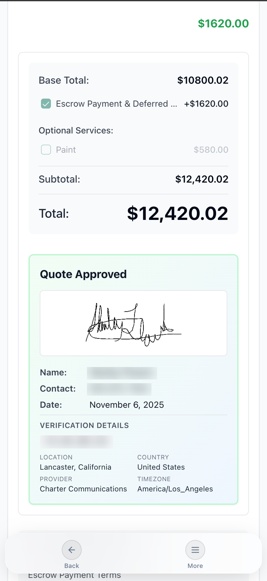 Approved quote with a handwritten digital signature, pricing summary with optional services, and verification details capturing IP geolocation, timestamp, and contact—name and contact obscured for privacy
