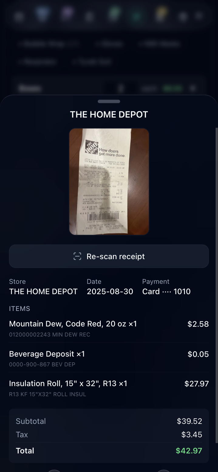 AI receipt scan of a Home Depot receipt itemized into line items with quantities and prices, a subtotal, tax, and total — captured from a photo and matched to the job