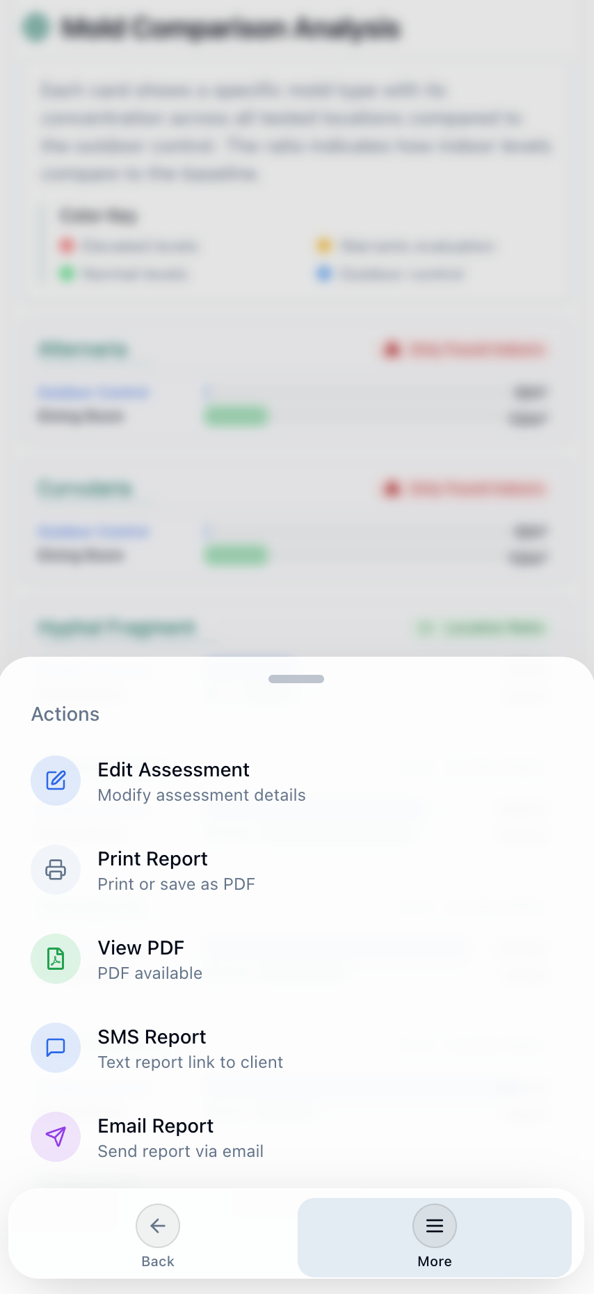 Report actions menu with one tap to edit the assessment, print the report, view the PDF, text the report link to the client, or email the report