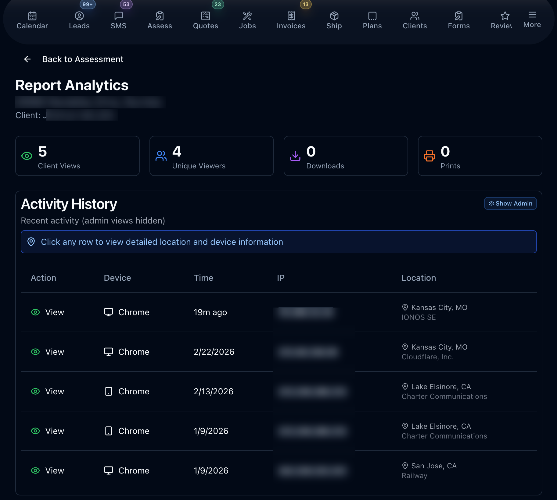 Report analytics dashboard with client view, unique viewer, download, and print counts, plus an activity history of each view with device, date, IP, and city-level location — client name and IPs hidden for privacy