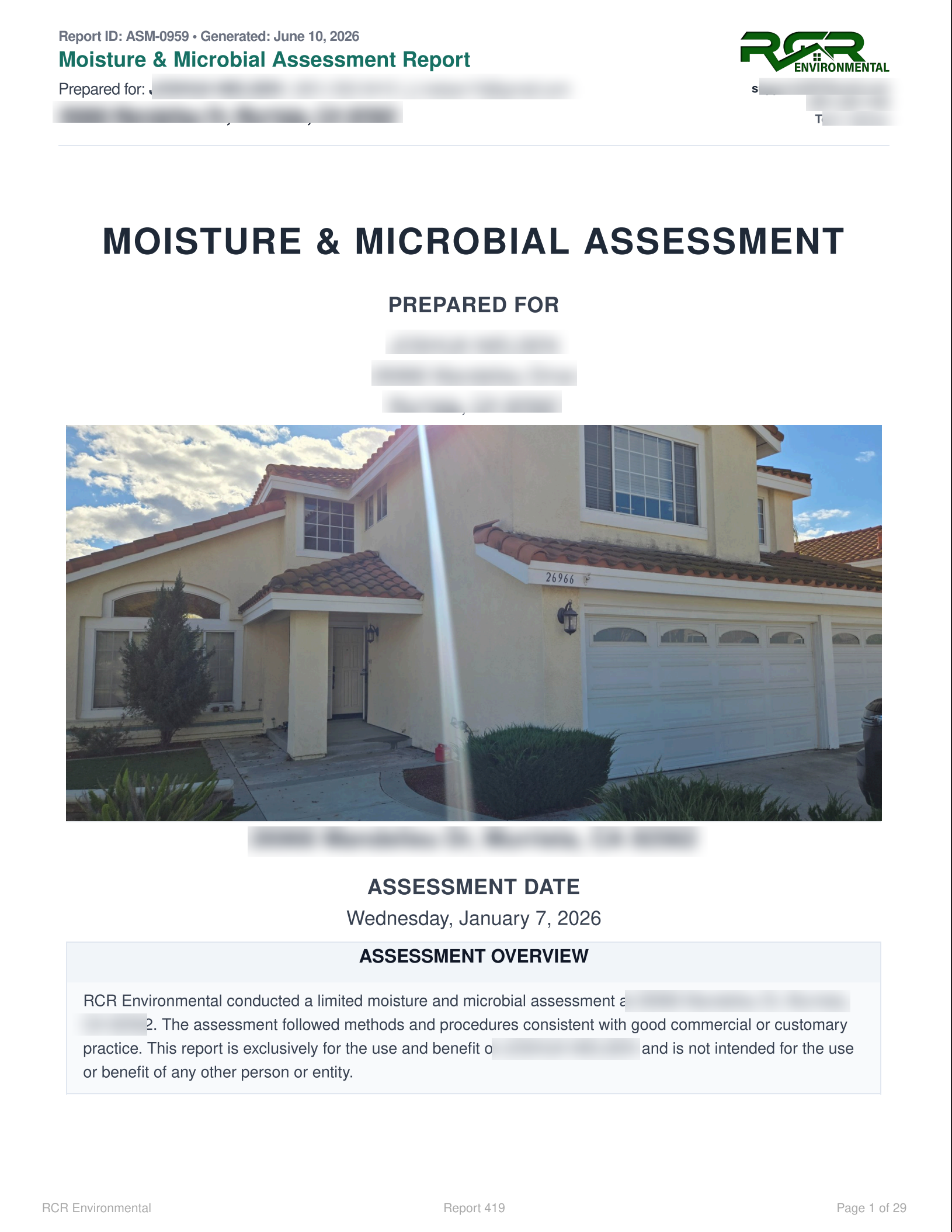 Branded report cover page with company logo, property photo, prepared-for details, and assessment date — client name and contact hidden for privacy