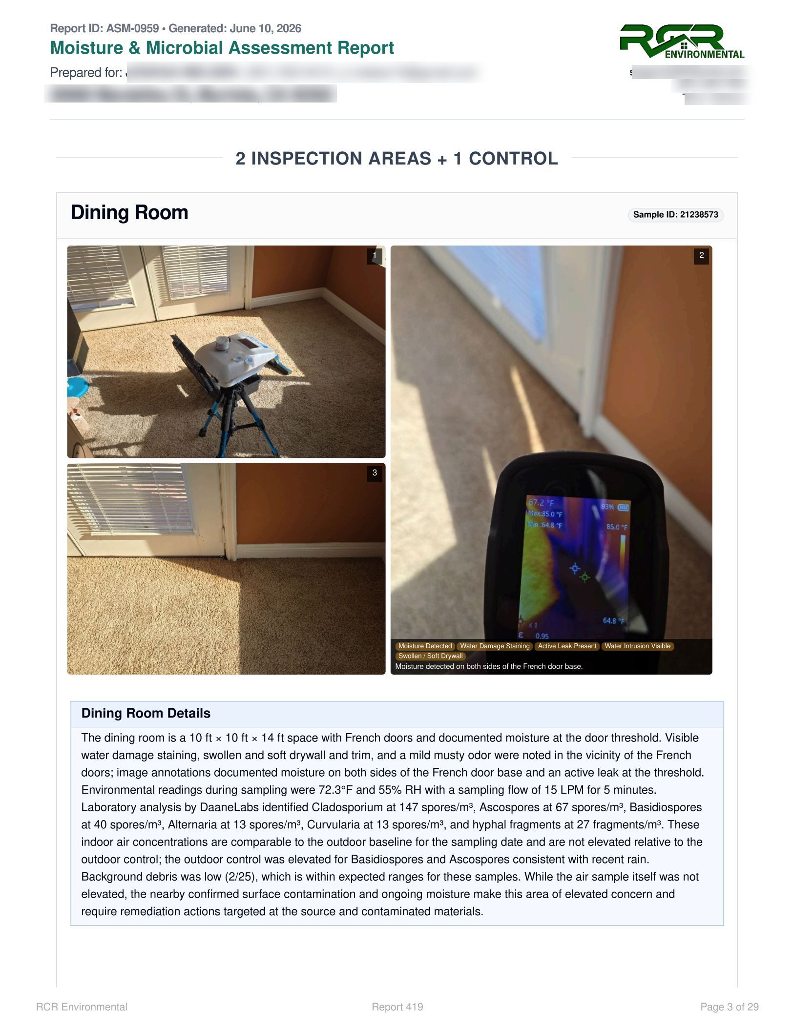 Report inspection-area page with labeled property photos, a thermal image, and a written area summary with lab spore counts