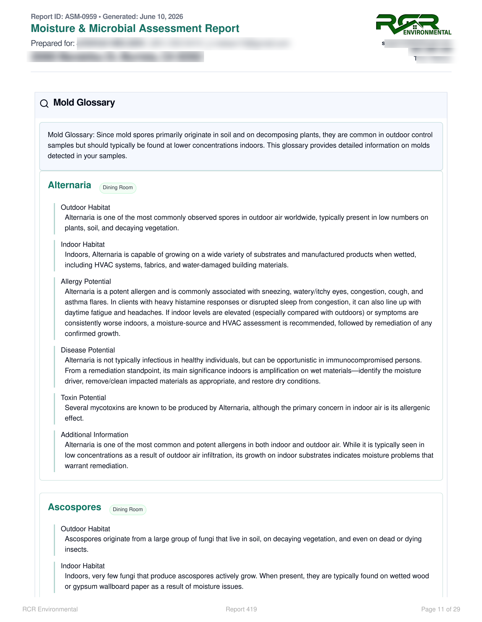 Mold glossary pages describing each detected species with habitat, allergy, and health information