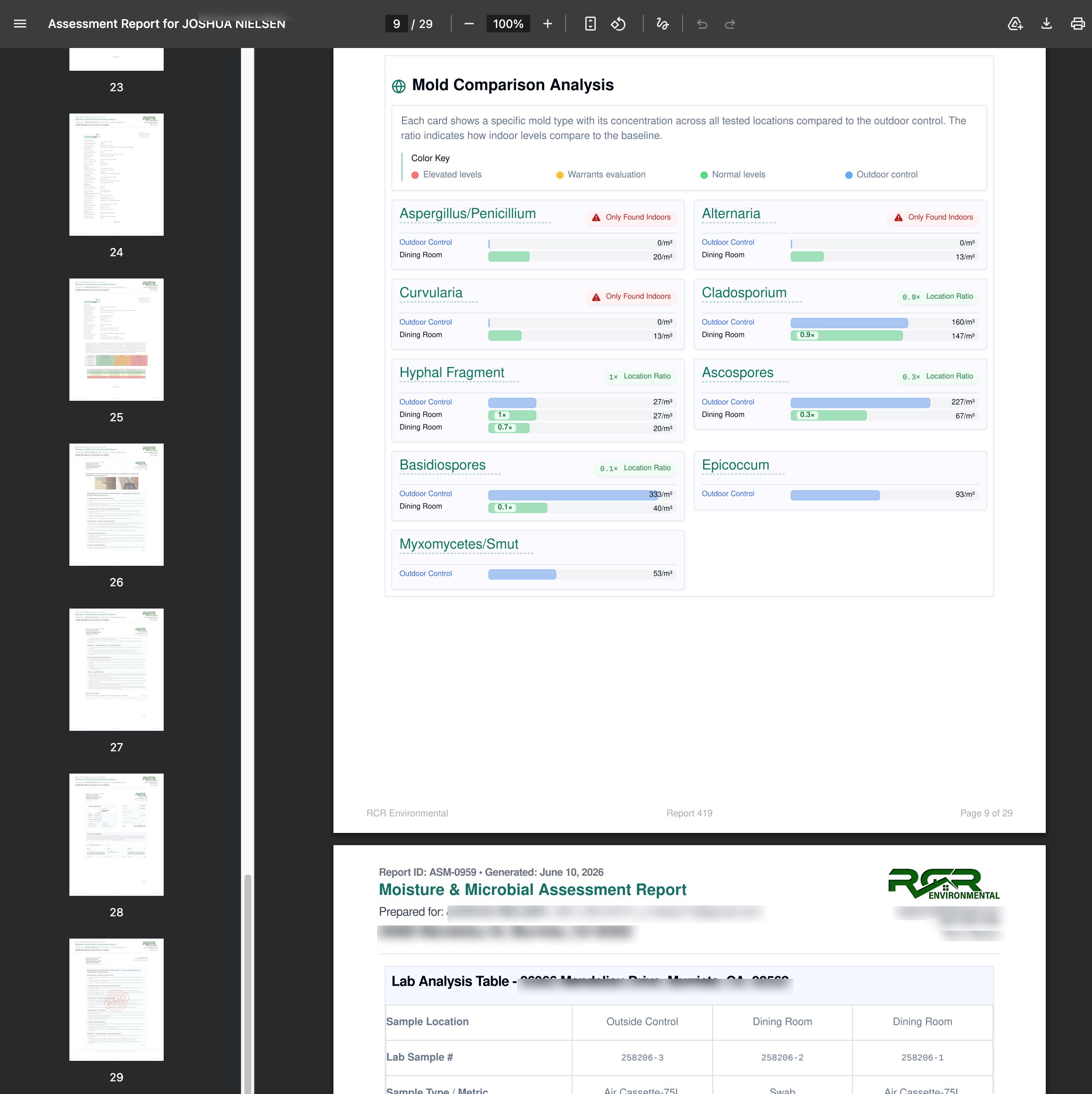A 29-page assessment report open in a PDF viewer with a page-thumbnail sidebar, branded header, mold comparison analysis, and a lab analysis table — client details hidden for privacy