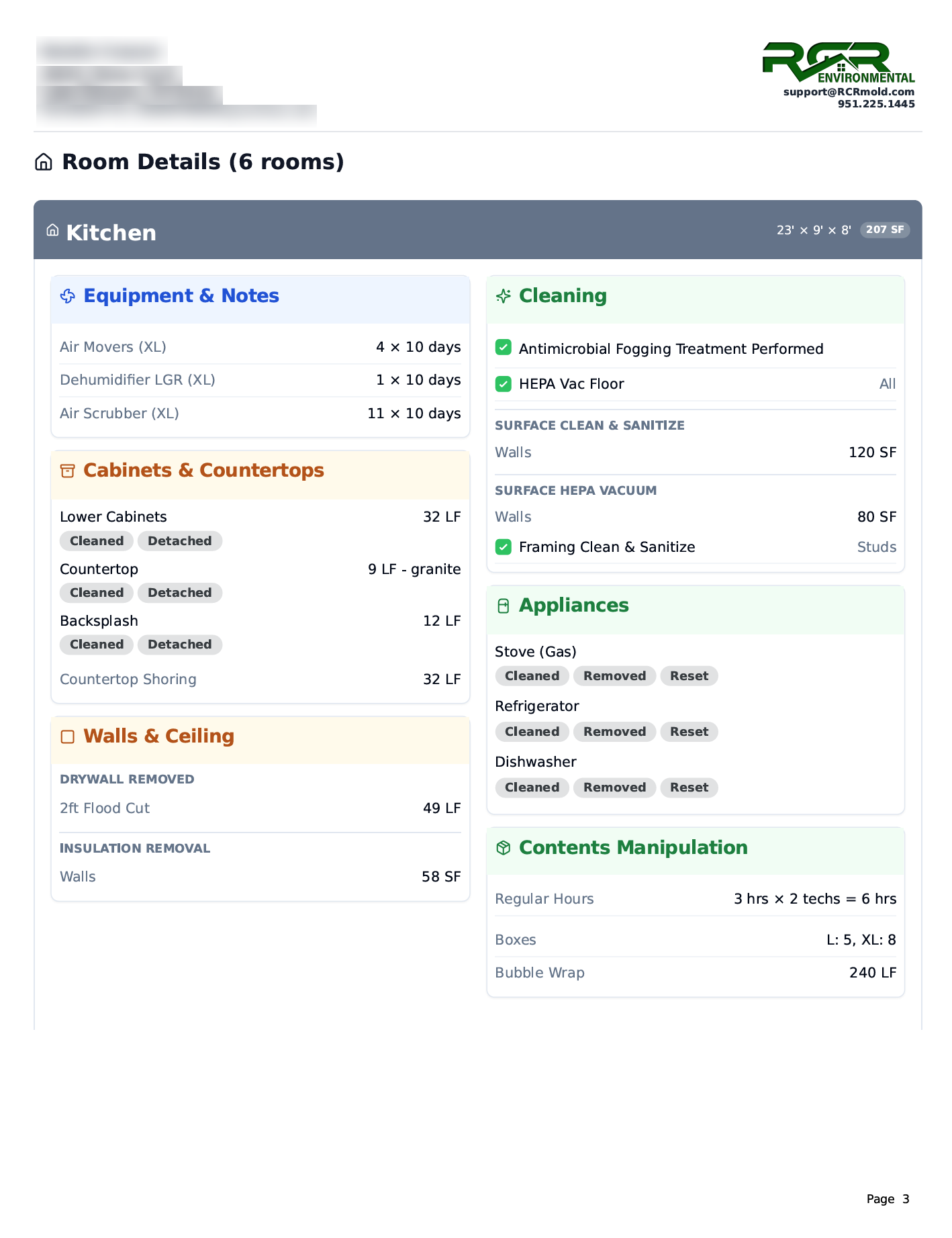Field scope report PDF listing each room's equipment, demolition with linear feet, cabinets, cleaning, appliances, and contents manipulation — client details hidden for privacy