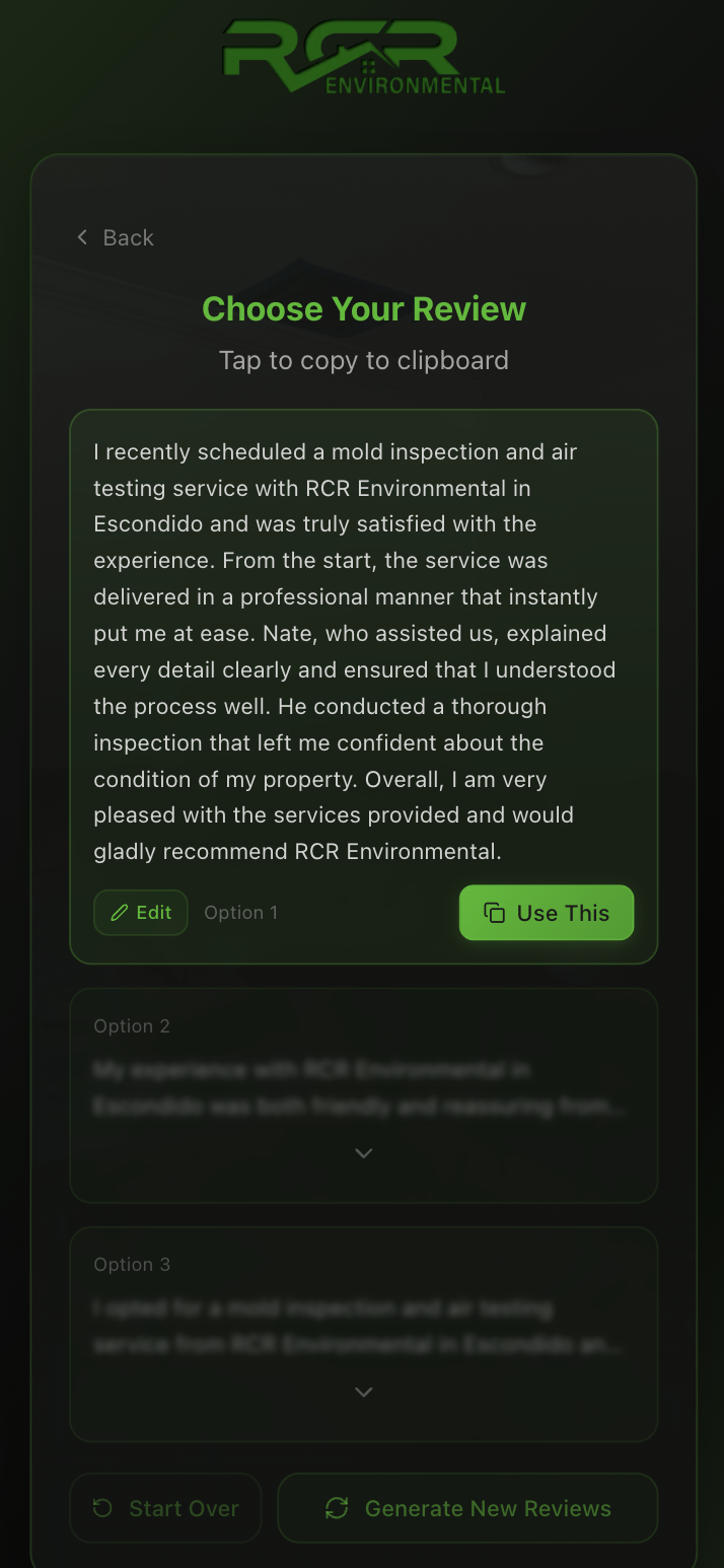 Client-facing 'Choose Your Review' screen with several AI-generated review drafts to tap and copy, each with Edit and Use This buttons, plus a generate-more option