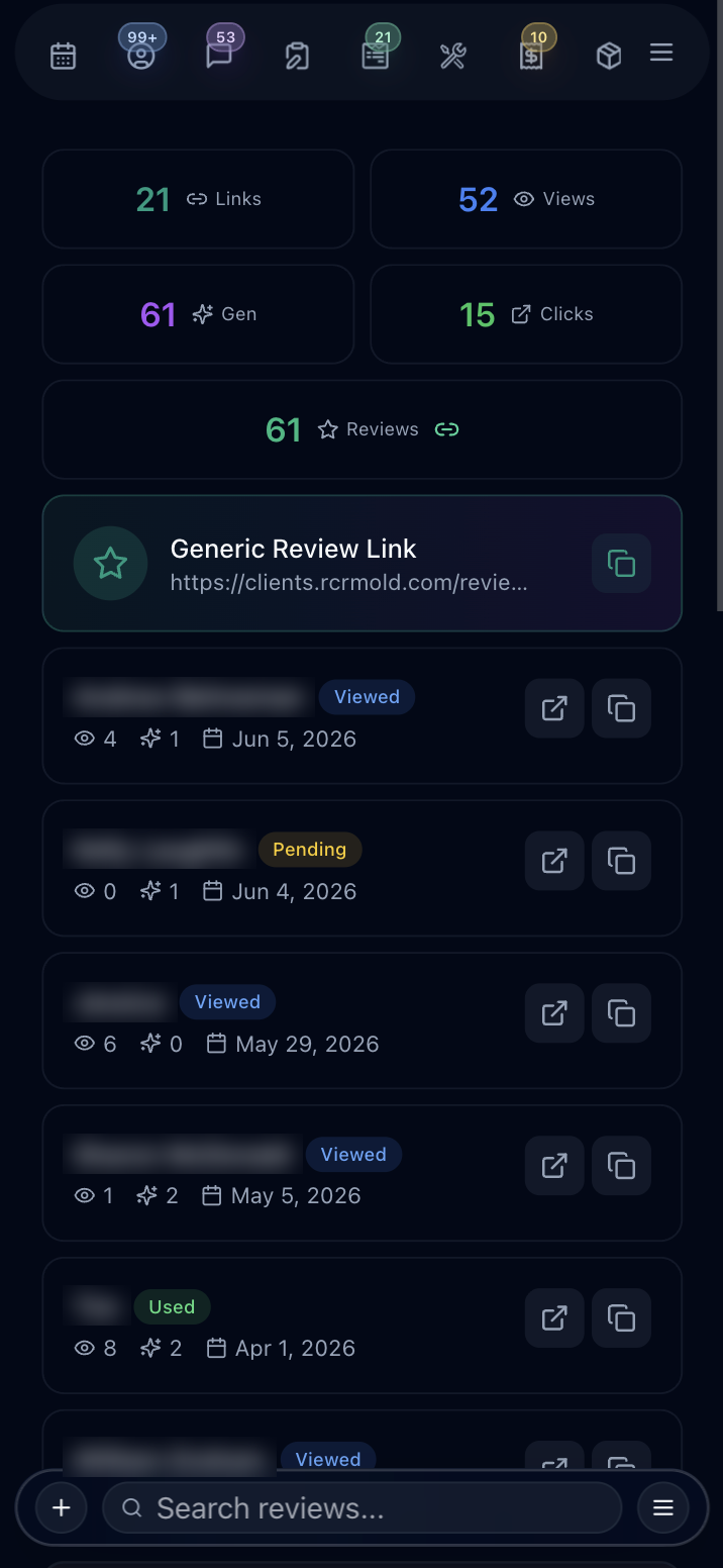 Review requests dashboard showing totals for links, views, generated reviews, and clicks, a generic review link, and a list of per-client requests with Viewed, Pending, and Used statuses plus view counts