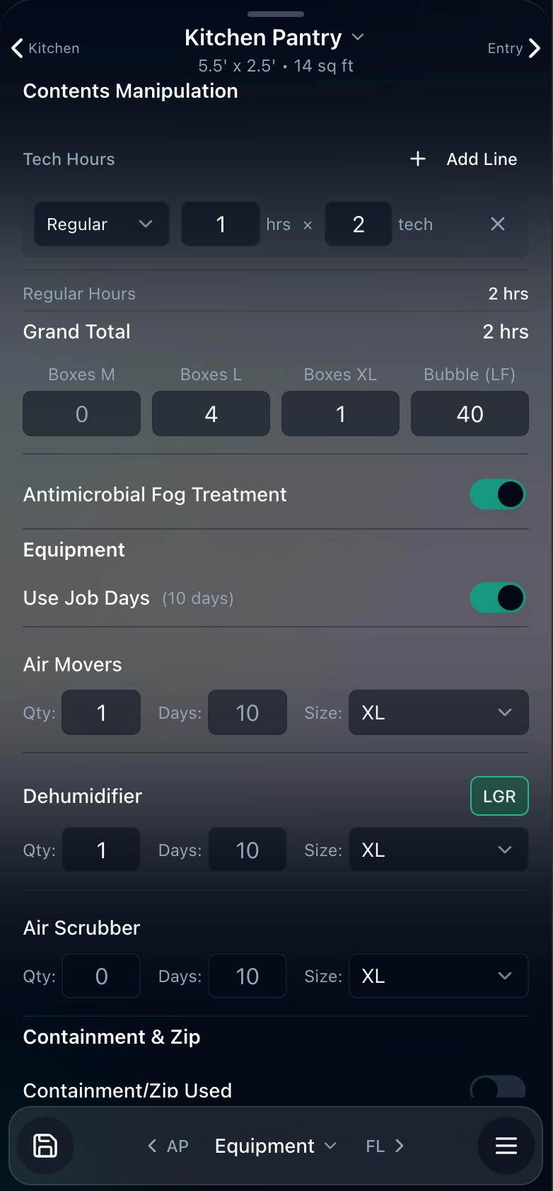 Field scope tick sheet for a Kitchen Pantry room with contents manipulation, tech hours, box counts, antimicrobial fog treatment, and equipment line items (air movers, dehumidifier, air scrubber) with quantities and days