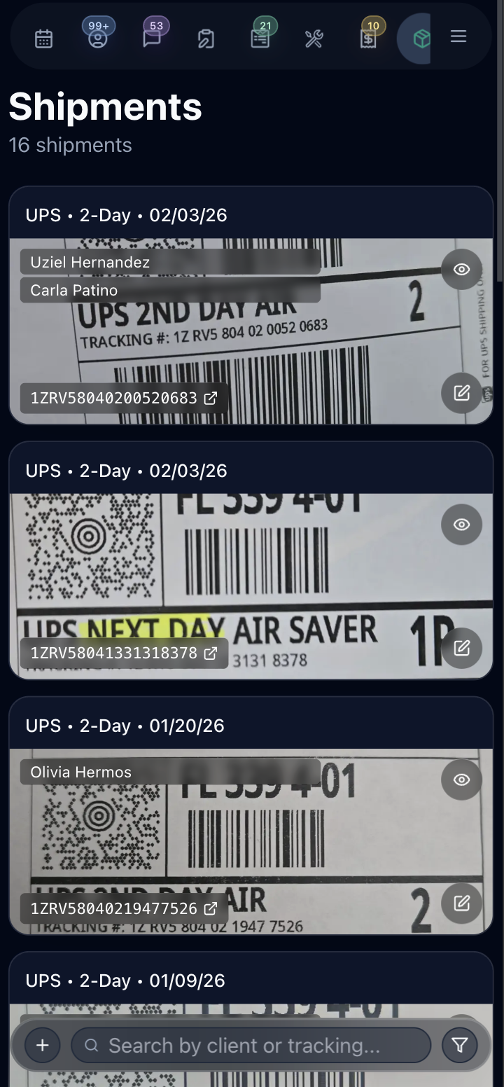 Shipments screen listing outbound sample shipments with scanned carrier labels, detected tracking numbers, service levels like UPS 2-Day and Next Day Air Saver, and the client tied to each package