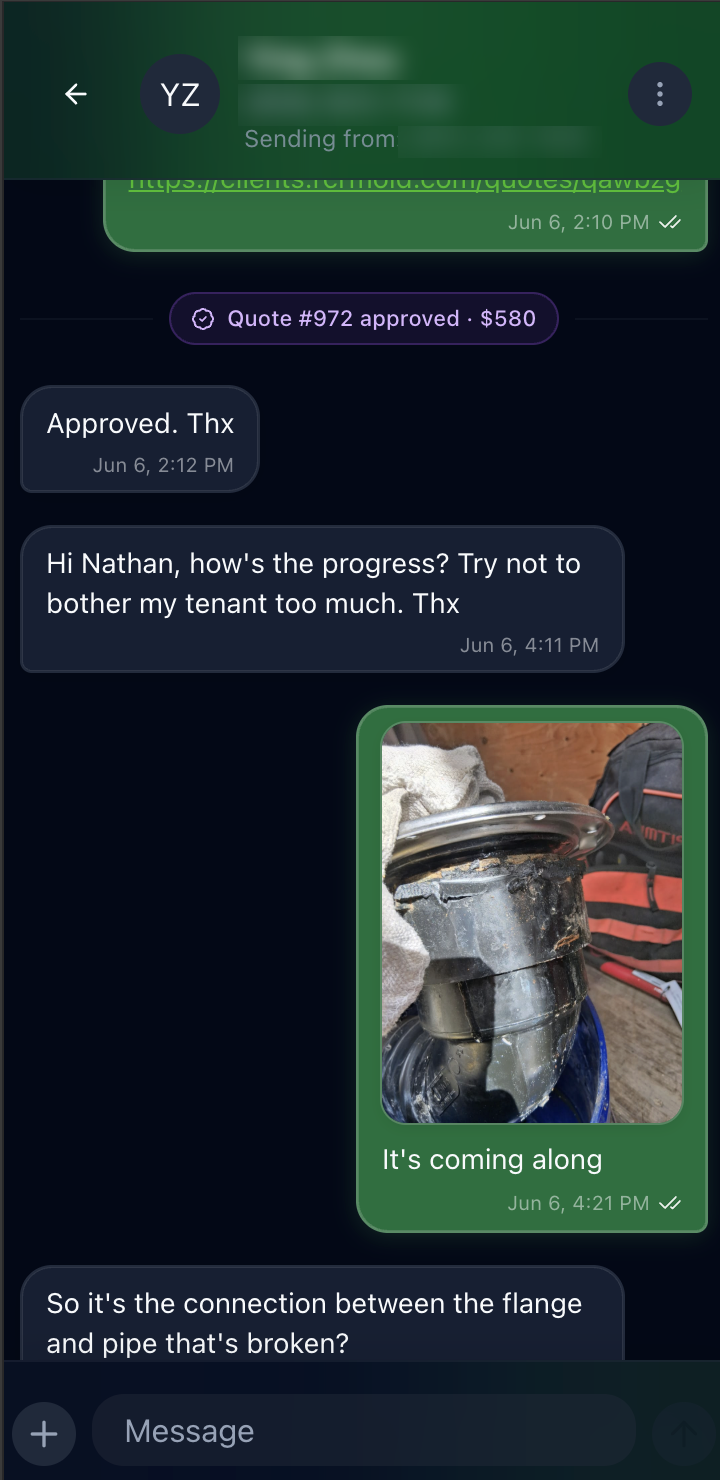 Real two-way SMS conversation from the business number showing a sent quote approval, back-and-forth replies with the client, a photo attachment, delivery timestamps, and the sending tracking number — client name and numbers hidden for privacy
