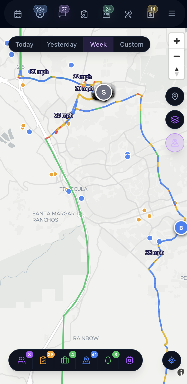 Live map view of the fleet showing vehicle routes color-coded by speed across the service area with a selected vehicle's position