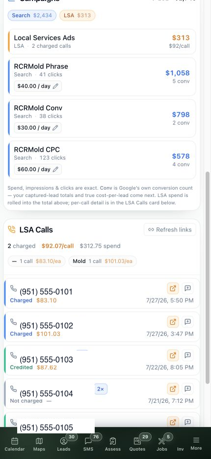 Current mobile advertising view with campaign spend, conversion counts, daily budgets, and privacy-safe Local Services Ads call charges