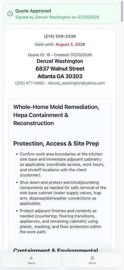 Current generic approved client quote showing the signer, approval date, property, title, and detailed scope