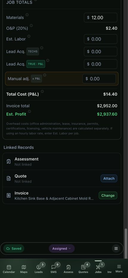 Current generic mobile job totals showing materials, overhead and profit, total cost, invoice total, estimated profit, and linked records