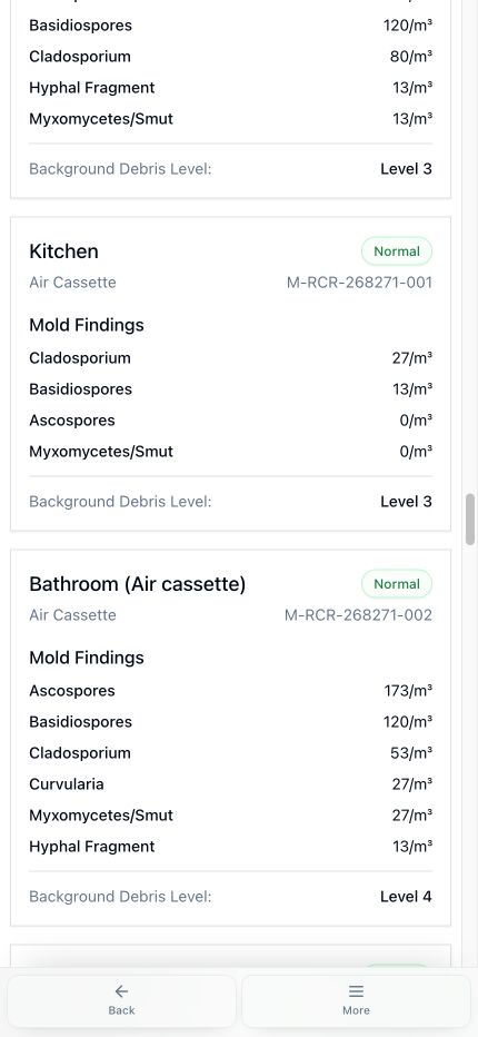 Current mobile report showing complete organism counts for the outdoor control, kitchen, and bathroom air samples