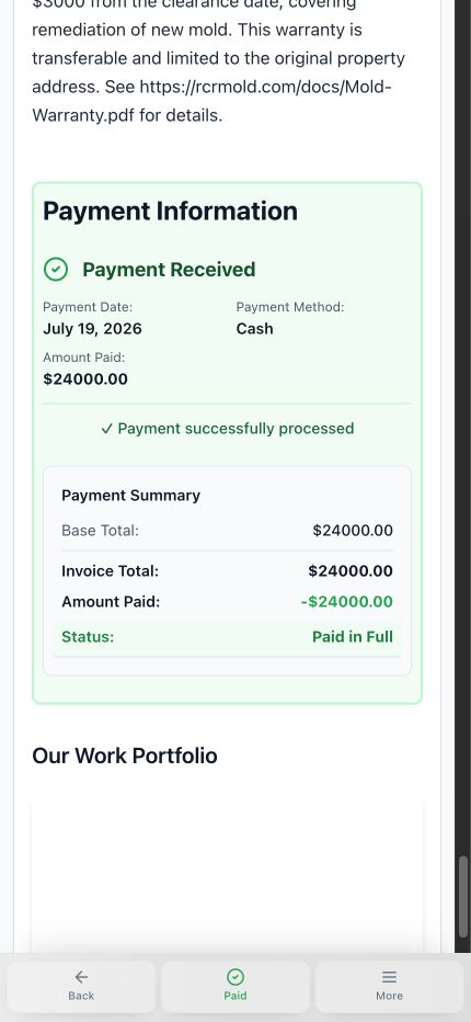 Current generic client invoice with payment received, payment date, payment method, amount paid, and paid in full summary
