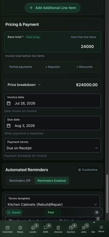 Current generic mobile invoice pricing controls with base total, discounts, deposits, partial payments, due date, payment terms, and automated reminders